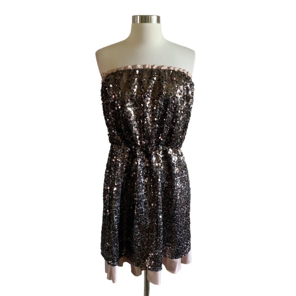 DKNY Neutral Color Sequins Strapless Dress With Ruffles Across Chest and At Hem - Picture 3 of 15